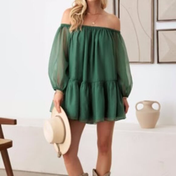 Boutique Green Organza Off Shoulder Puff Sleeve Mini Dress - Picture 4 of 6